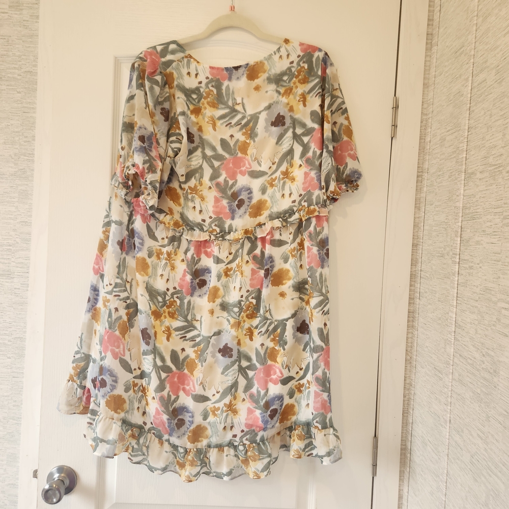JODIFL Cream Floral Midi Dress with Pink, Yellow & Green Accents L Euc - Picture 2 of 4